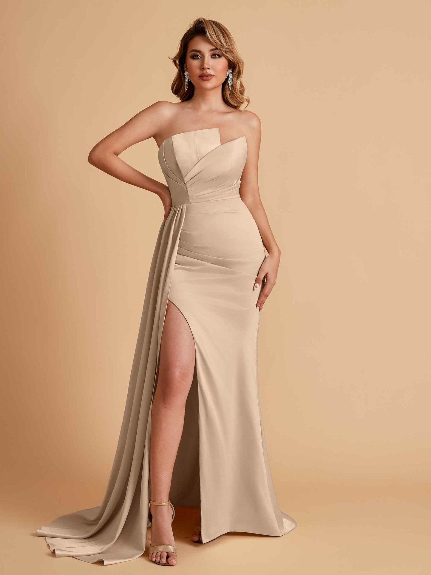 Elegant Satin Sleeveless Asymmetrical Mermaid Side Slit Floor Length Bridesmaid Dresses