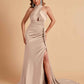 Elegant Satin Halter Pleats Side Slit Mermaid Bridesmaid Dresses Floor-Length