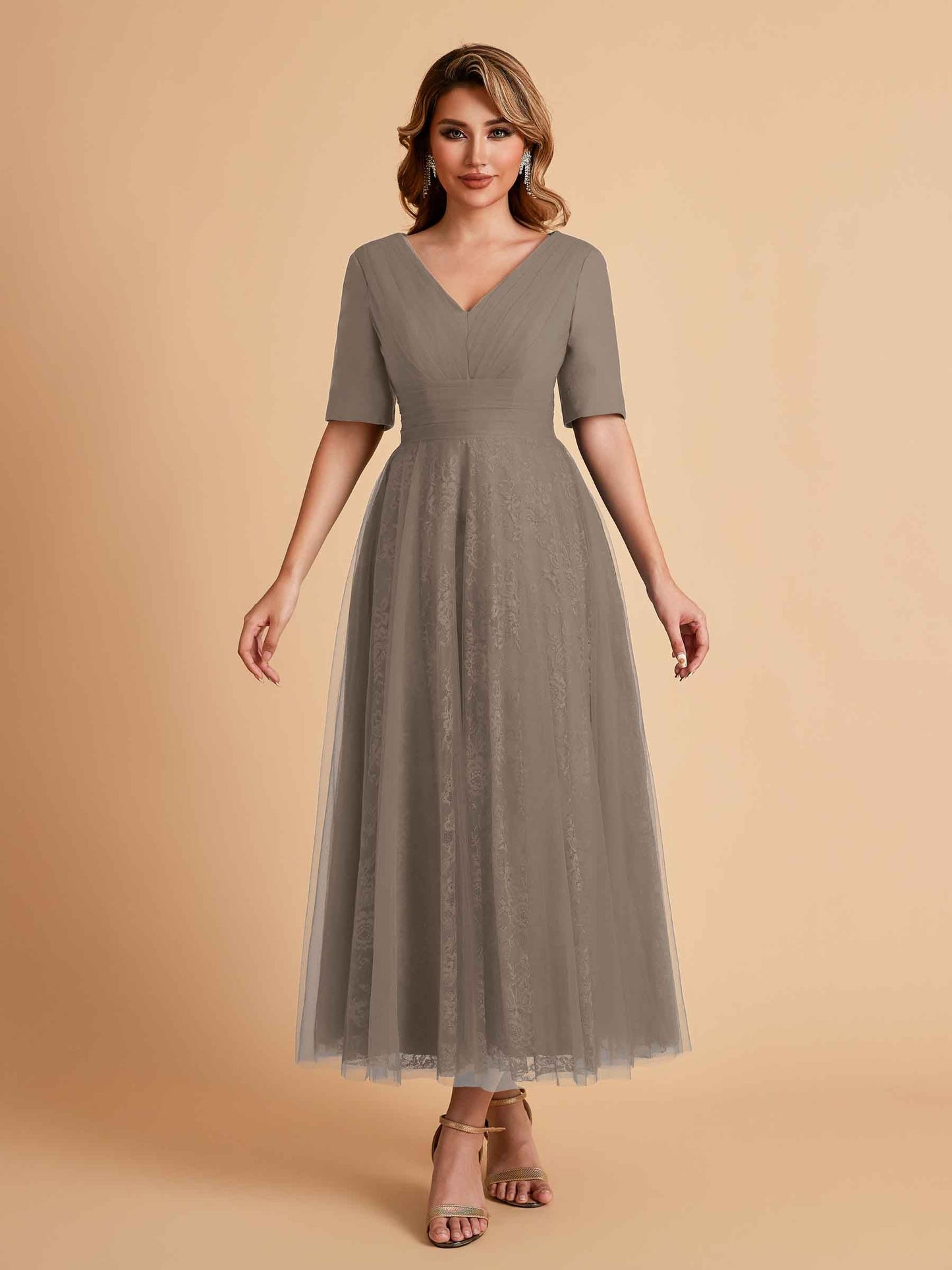 Elegant A-line Half Sleeves V-neck Mother of the Brides Dresses Online