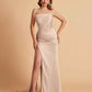 Elegant Satin Straight Neck Mermaid Side Slit Floor Length Bridesmaid Dresses