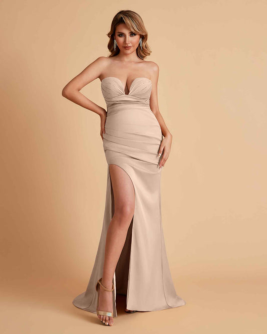 Elegant Satin Sweetheart Mermaid Side Slit Floor Length Bridesmaid Dresses