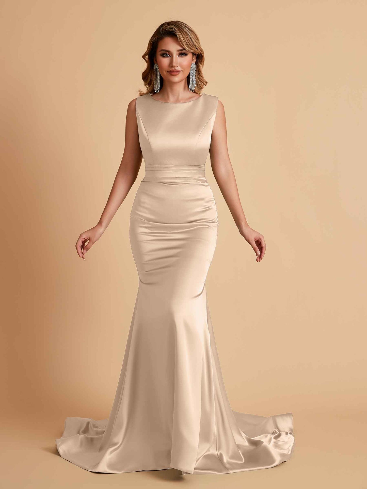 Elegant Satin Sleeveless Pleats Mermaid Bridesmaid Dresses Floor Length