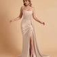 Sexy Satin Sleeveless Pleats Mermaid Bridesmaid Dresses Side Slit Floor Length