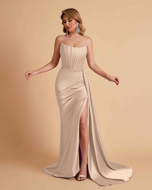 Sexy Satin Sleeveless Pleats Mermaid Bridesmaid Dresses Side Slit Floor Length
