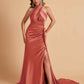 Elegant Satin Halter Pleats Side Slit Mermaid Bridesmaid Dresses Floor-Length