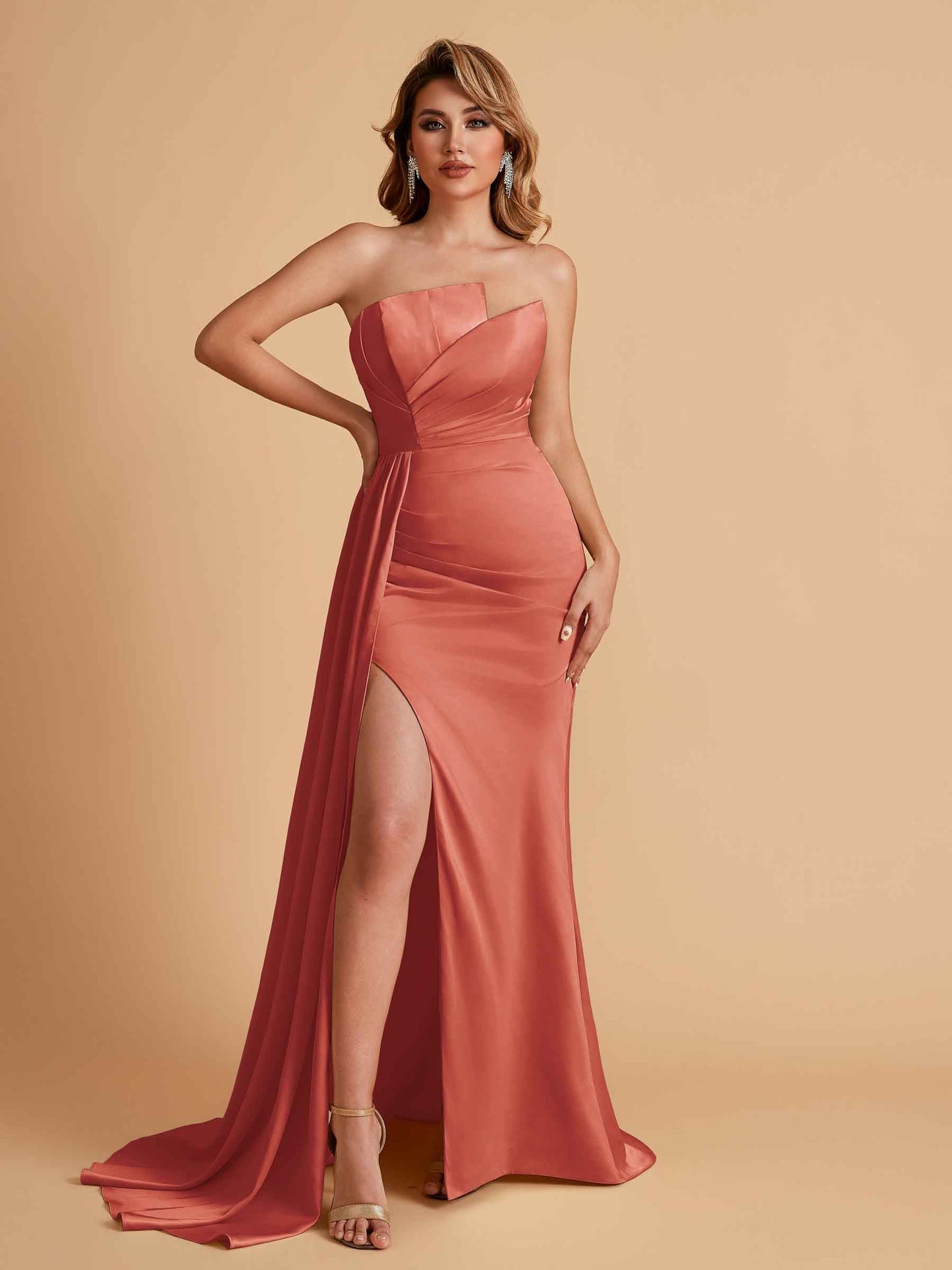 Elegant Satin Sleeveless Asymmetrical Mermaid Side Slit Floor Length Bridesmaid Dresses