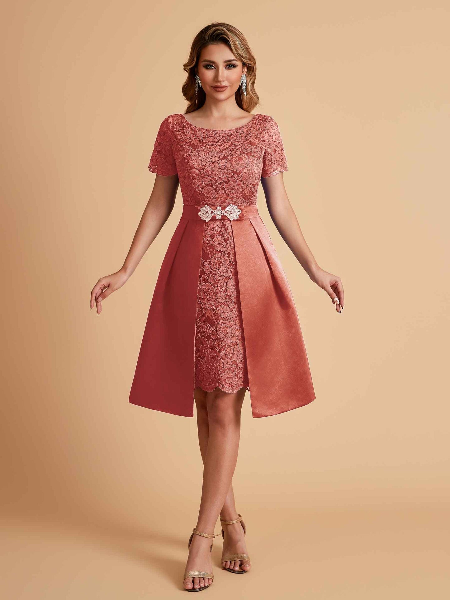Elegant A-line Short Sleeves Jewel Knee Length Mother of the Brides Dresses