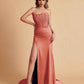 Sexy Satin Strapless Side Slit Floor Length Lace Mermaid Bridesmaid Dresses