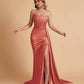 Sexy Satin Sleeveless Pleats Mermaid Bridesmaid Dresses Side Slit Floor Length