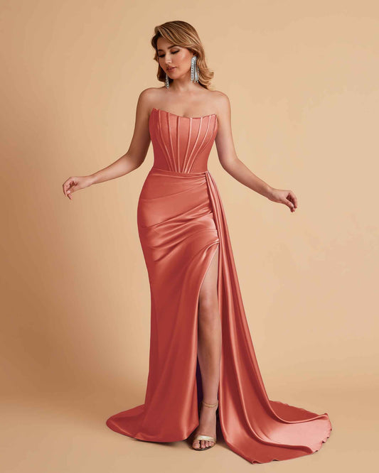 Sexy Satin Sleeveless Pleats Mermaid Bridesmaid Dresses Side Slit Floor Length