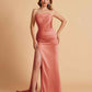 Elegant Satin Straight Neck Mermaid Side Slit Floor Length Bridesmaid Dresses