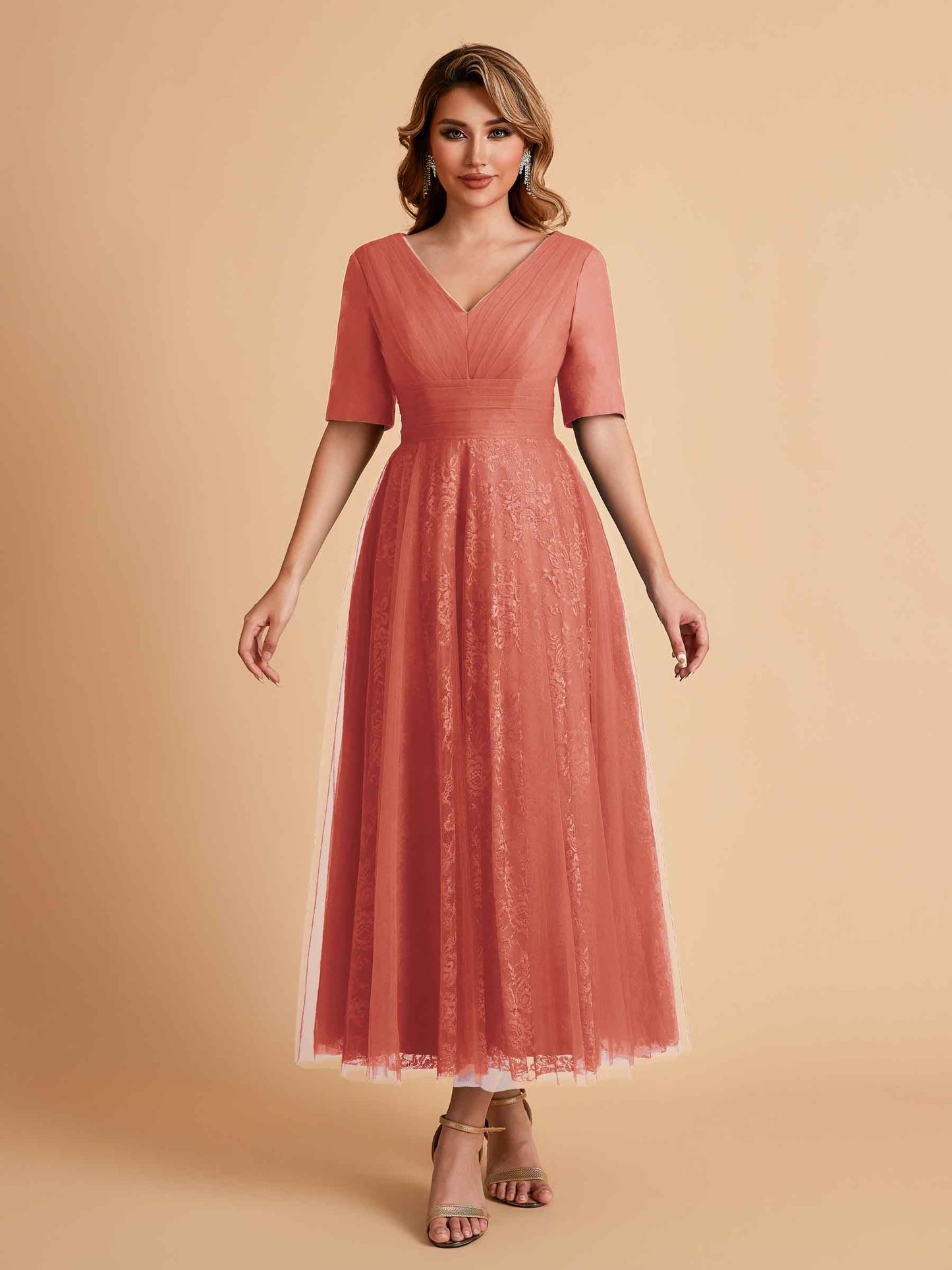 Elegant A-line Half Sleeves V-neck Mother of the Brides Dresses Online