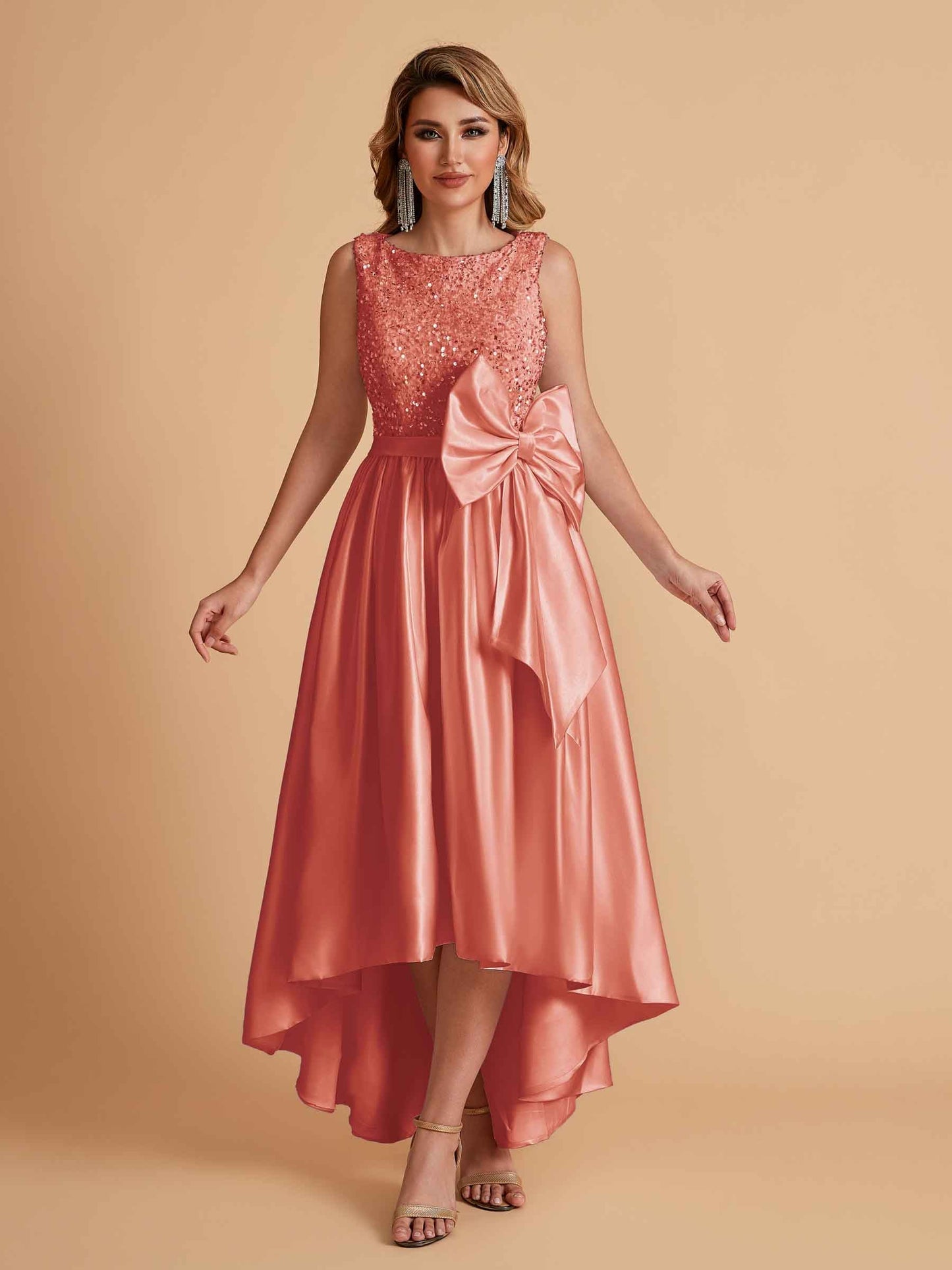 Sparkly Satin Sleeveless Pleats A-line Bridesmaid Dresses High-Low