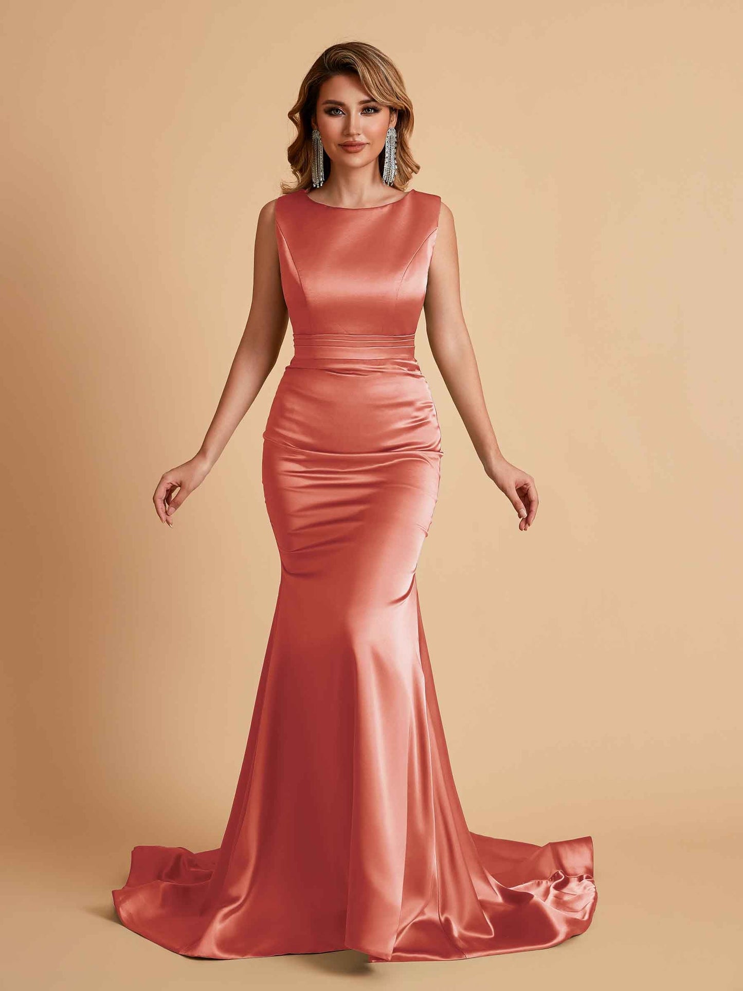 Elegant Satin Sleeveless Pleats Mermaid Bridesmaid Dresses Floor Length