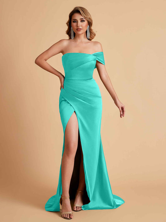 Sexy Satin One Shoulder Pleats Mermaid Bridesmaid Dresses Side Slit Floor Length