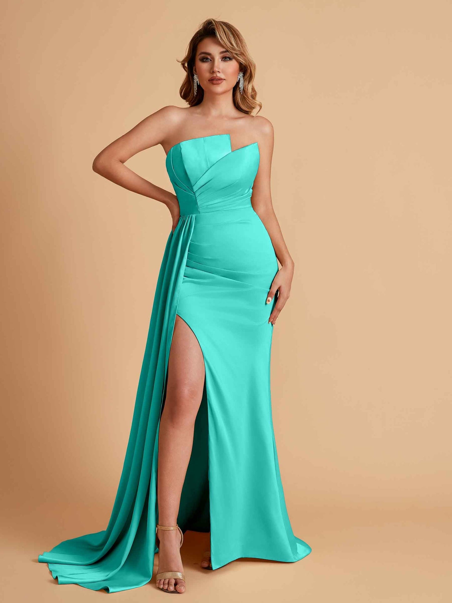 Elegant Satin Sleeveless Asymmetrical Mermaid Side Slit Floor Length Bridesmaid Dresses