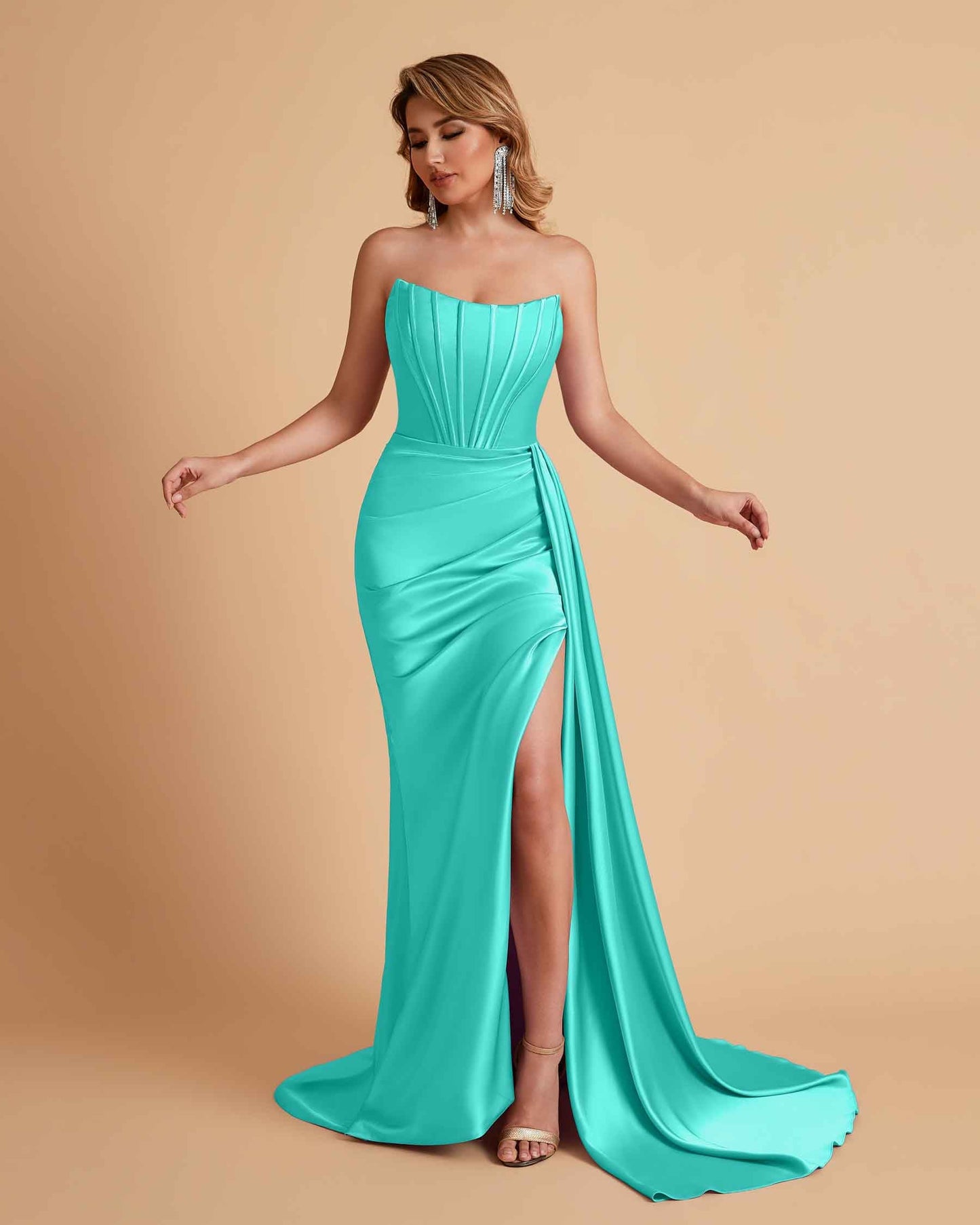 Sexy Satin Sleeveless Pleats Mermaid Bridesmaid Dresses Side Slit Floor Length
