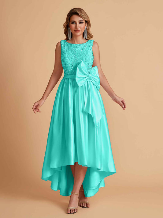 Sparkly Satin Sleeveless Pleats A-line Bridesmaid Dresses High-Low