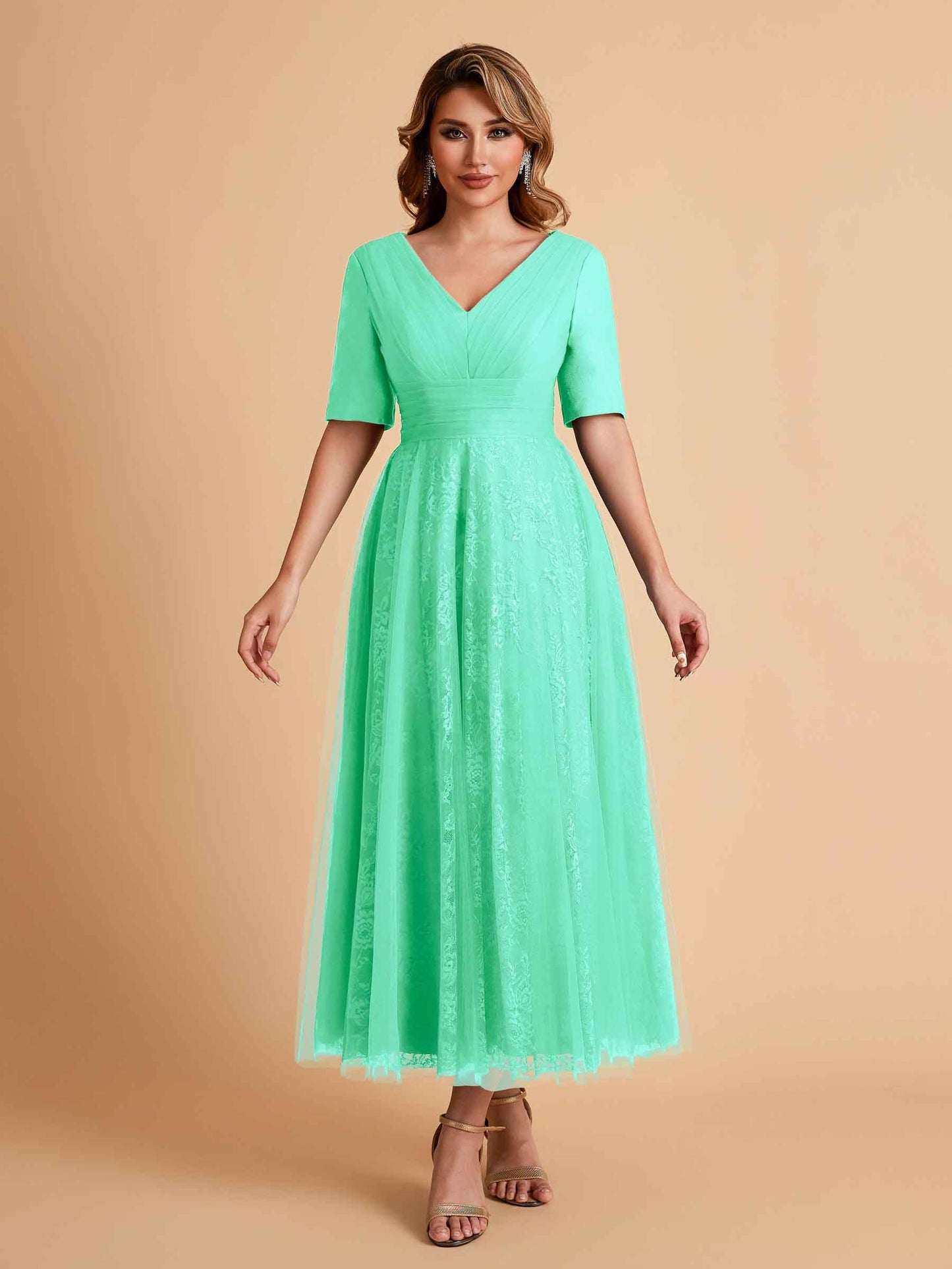 Elegant A-line Half Sleeves V-neck Mother of the Brides Dresses Online