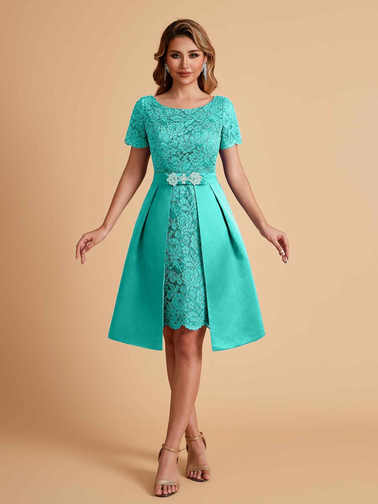 Elegant A-line Short Sleeves Jewel Knee Length Mother of the Brides Dresses