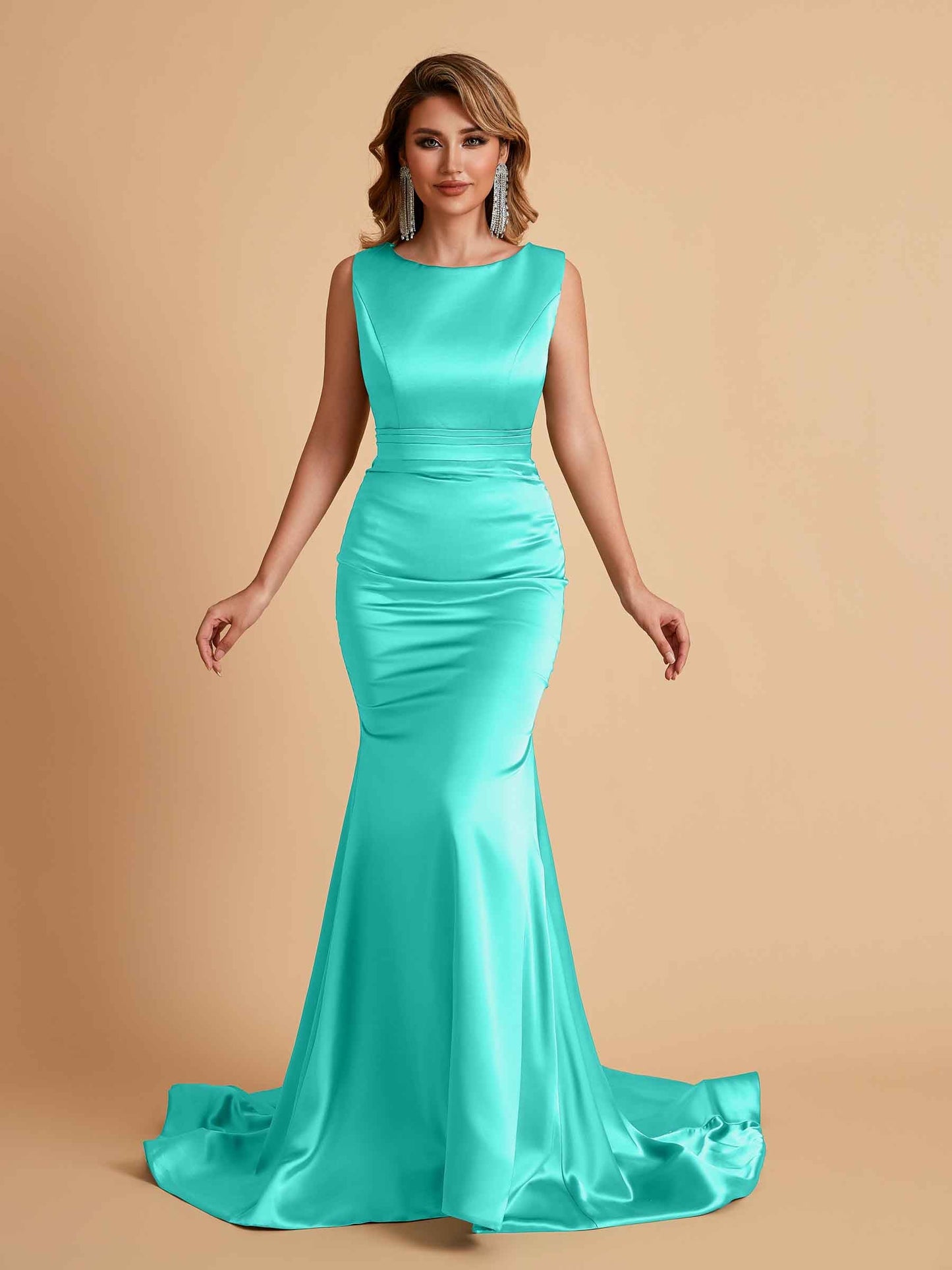 Elegant Satin Sleeveless Pleats Mermaid Bridesmaid Dresses Floor Length