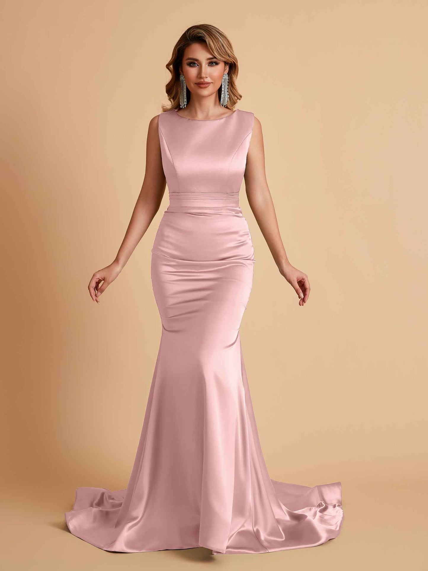 Elegant Satin Sleeveless Pleats Mermaid Bridesmaid Dresses Floor Length