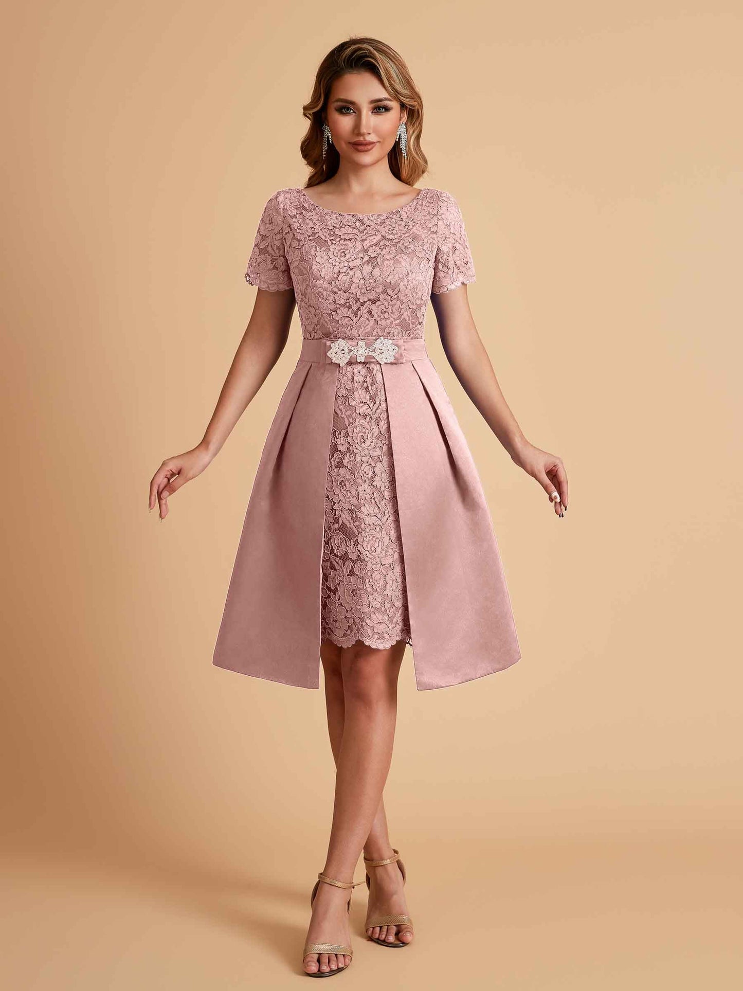 Elegant A-line Short Sleeves Jewel Knee Length Mother of the Brides Dresses