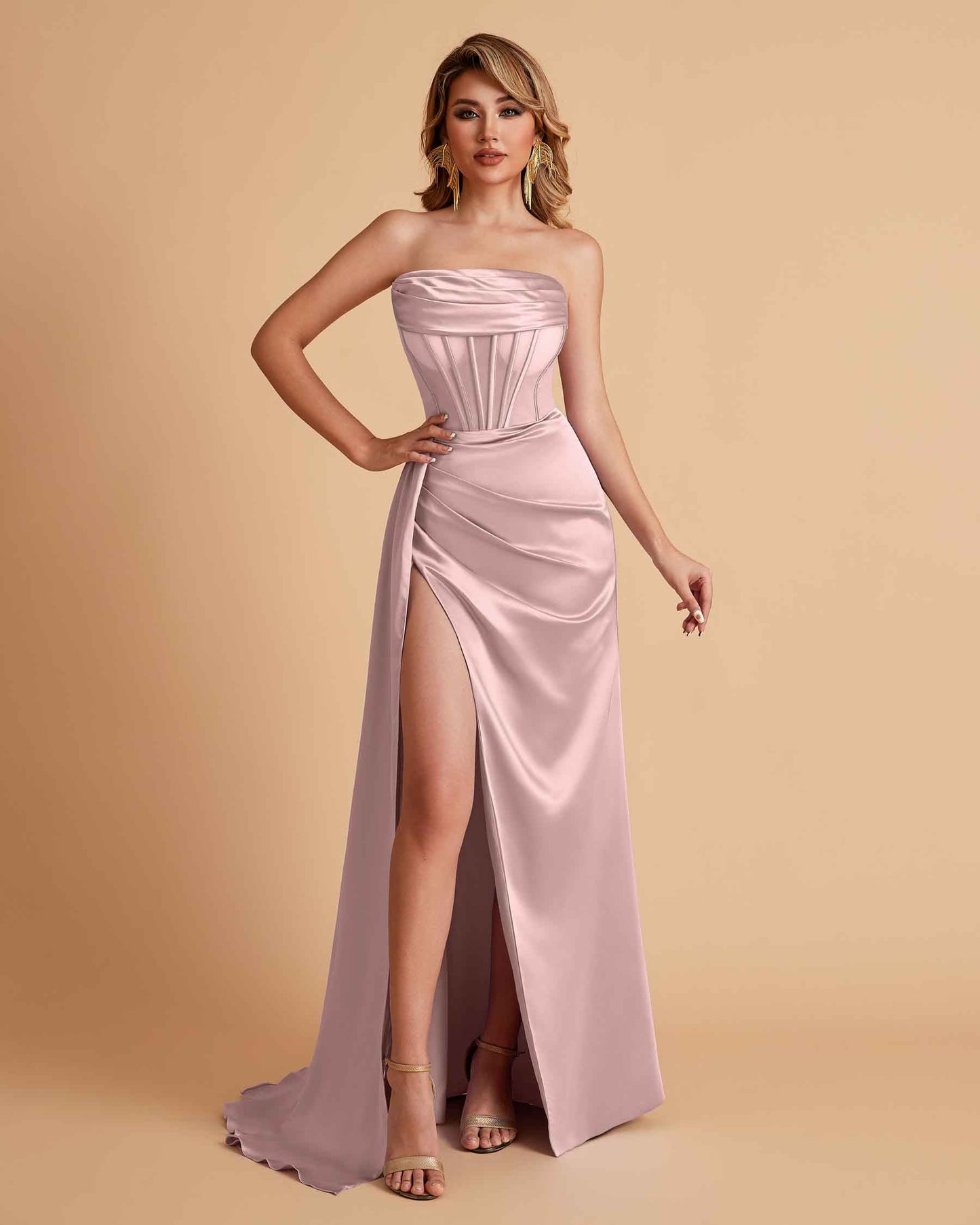 Sexy Satin Strapless Pleats Mermaid Bridesmaid Dresses Side Slit Floor Length