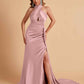 Elegant Satin Halter Pleats Side Slit Mermaid Bridesmaid Dresses Floor-Length