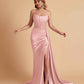 Sexy Satin Sleeveless Pleats Mermaid Bridesmaid Dresses Side Slit Floor Length