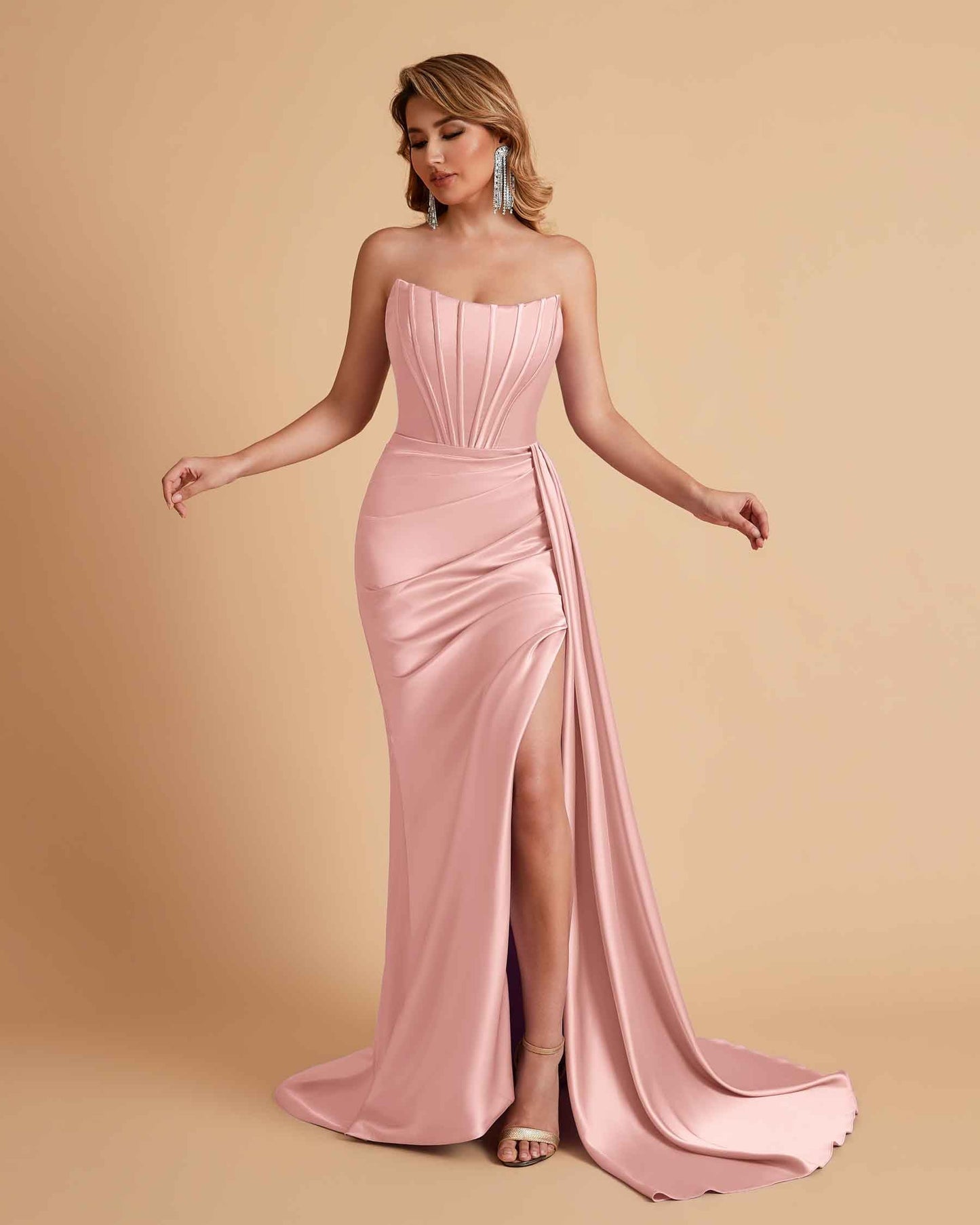Sexy Satin Sleeveless Pleats Mermaid Bridesmaid Dresses Side Slit Floor Length