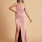 Sexy Satin One Shoulder Pleats Mermaid Bridesmaid Dresses Side Slit Floor Length