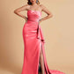 Sexy Satin Side Slit Strapless Pleats Floor Length Mermaid Bridesmaid Dresses
