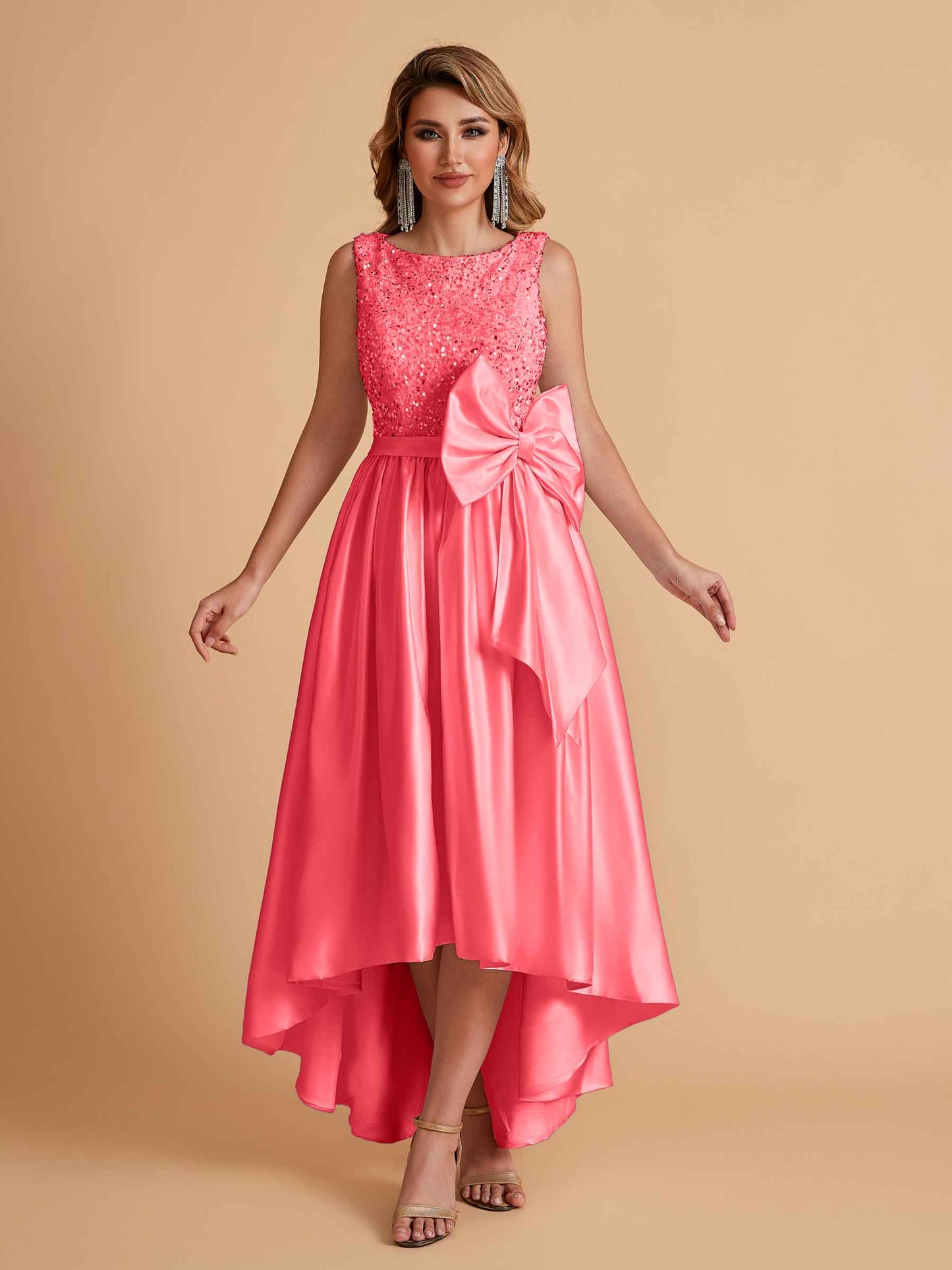Sparkly Satin Sleeveless Pleats A-line Bridesmaid Dresses High-Low