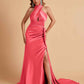 Elegant Satin Halter Pleats Side Slit Mermaid Bridesmaid Dresses Floor-Length