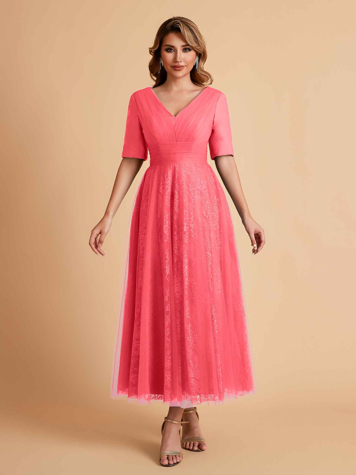 Elegant A-line Half Sleeves V-neck Mother of the Brides Dresses Online