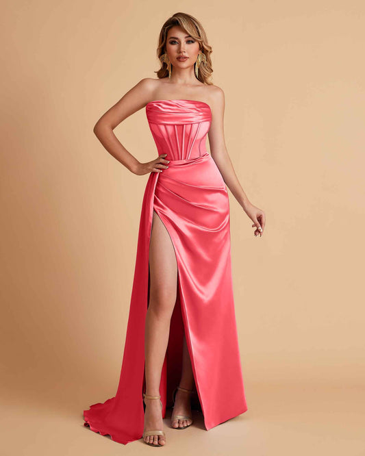 Sexy Satin Strapless Pleats Mermaid Bridesmaid Dresses Side Slit Floor Length