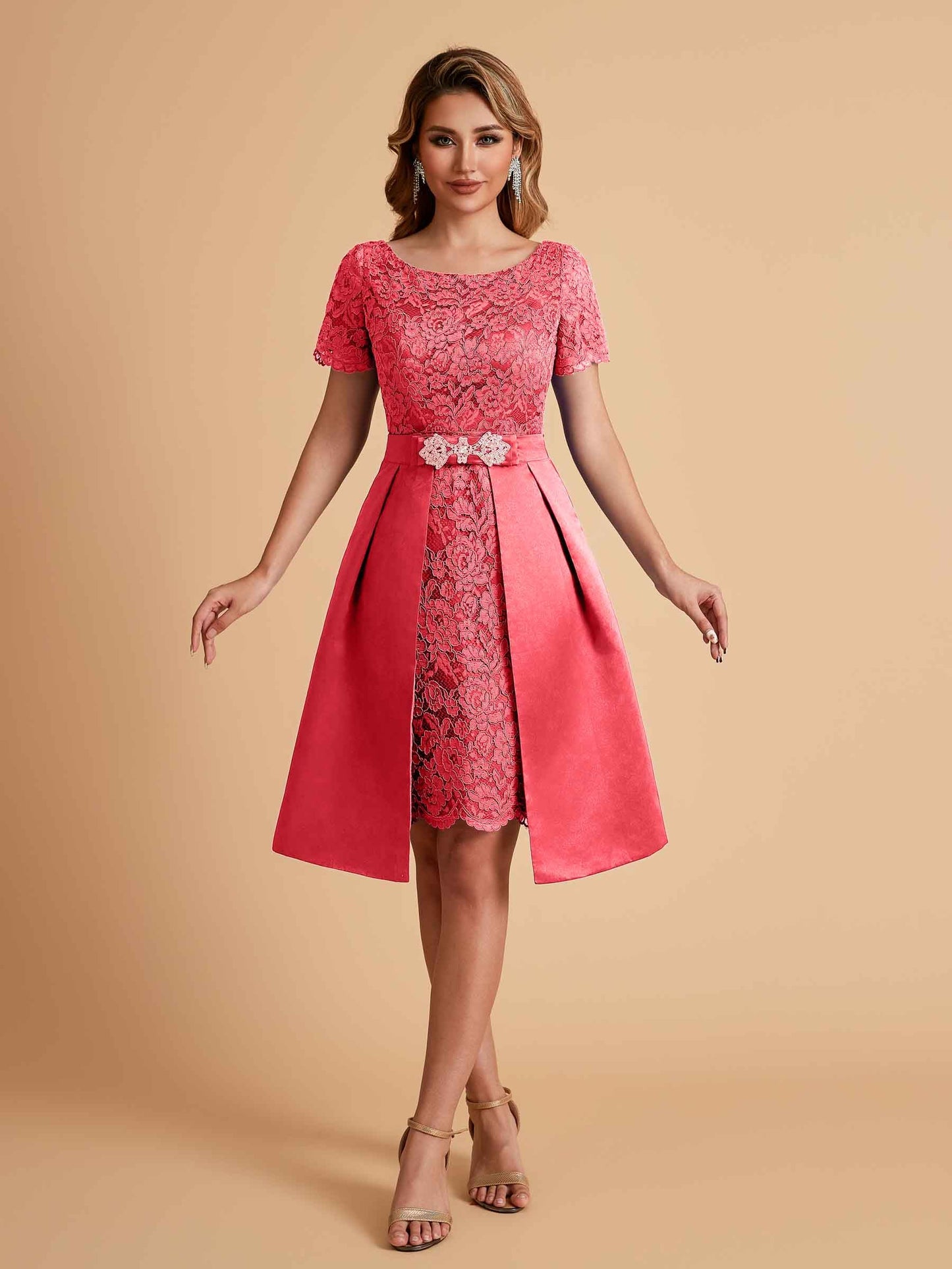 Elegant A-line Short Sleeves Jewel Knee Length Mother of the Brides Dresses