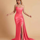 Sexy Satin Sleeveless Pleats Mermaid Bridesmaid Dresses Side Slit Floor Length