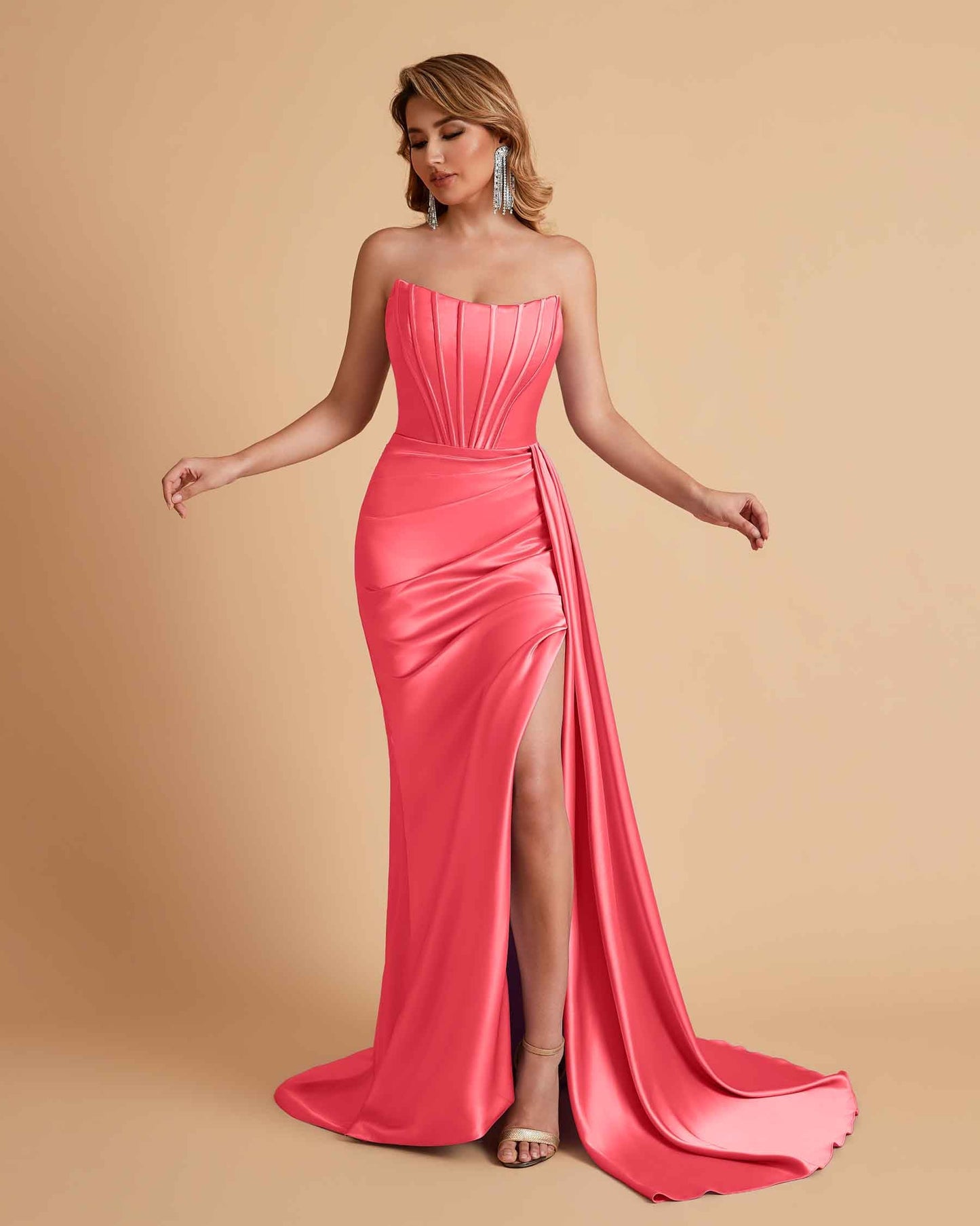 Sexy Satin Sleeveless Pleats Mermaid Bridesmaid Dresses Side Slit Floor Length