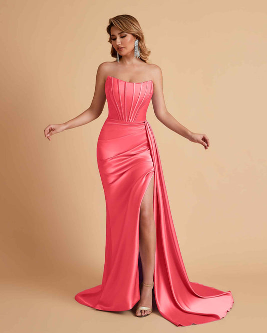 Sexy Satin Sleeveless Pleats Mermaid Bridesmaid Dresses Side Slit Floor Length