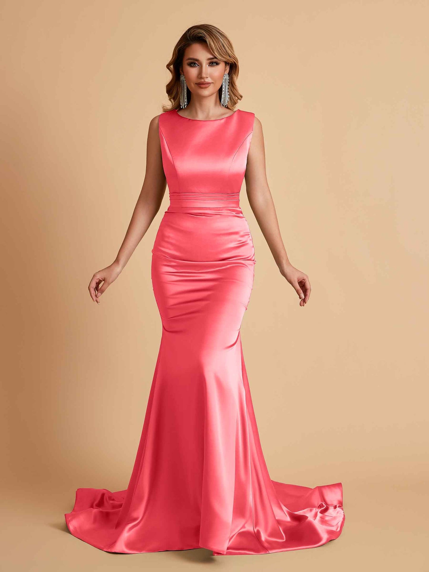 Elegant Satin Sleeveless Pleats Mermaid Bridesmaid Dresses Floor Length