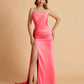Elegant Satin Straight Neck Mermaid Side Slit Floor Length Bridesmaid Dresses