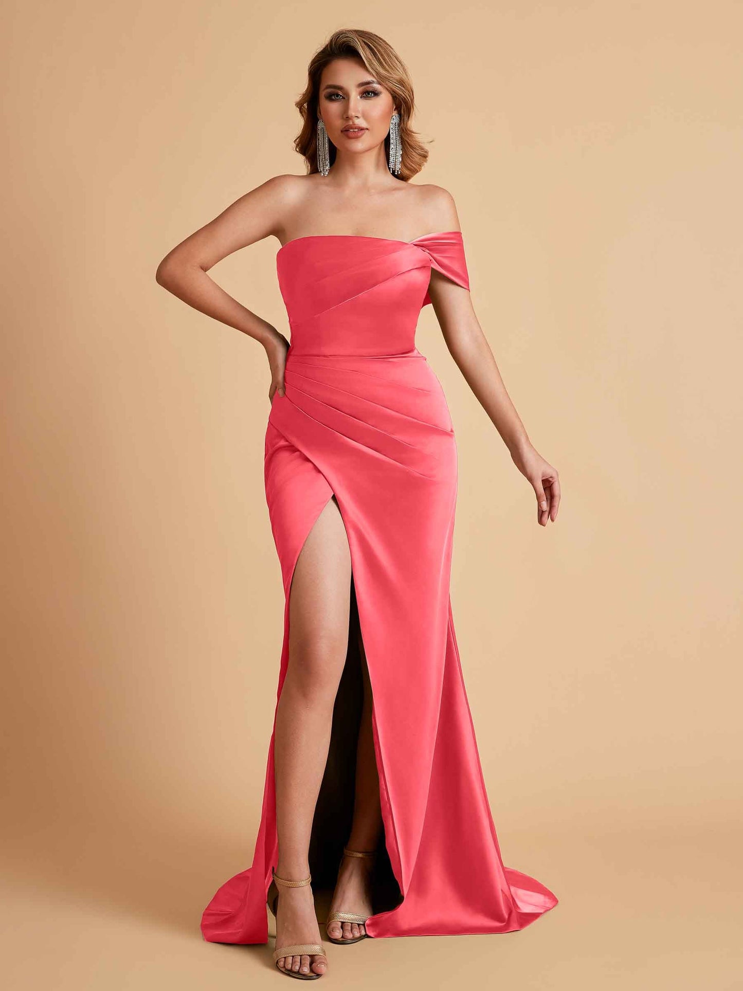 Sexy Satin One Shoulder Pleats Mermaid Bridesmaid Dresses Side Slit Floor Length