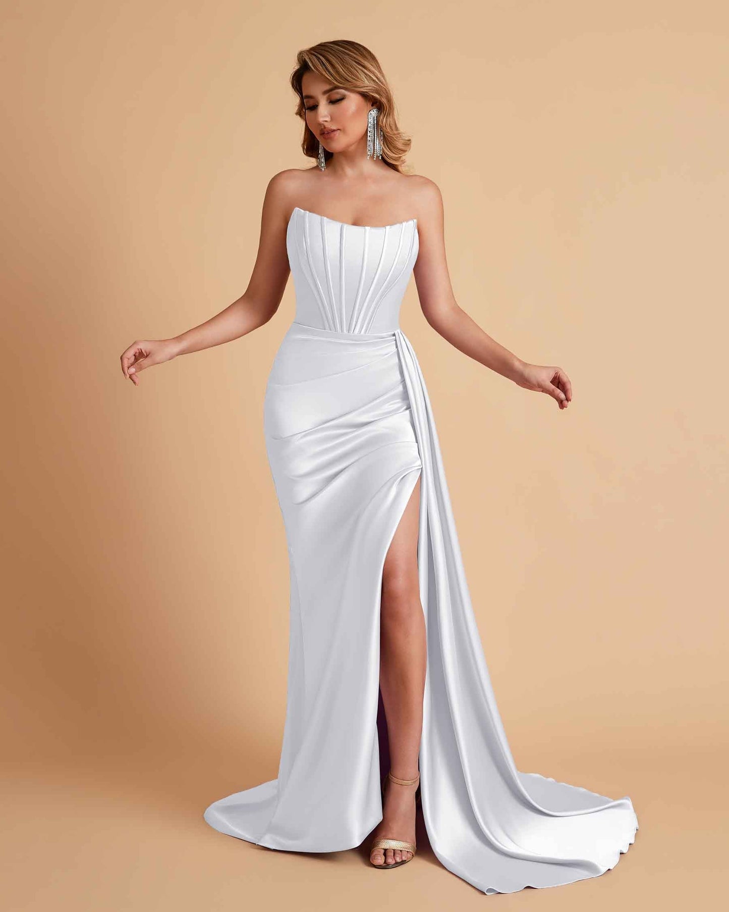Sexy Satin Sleeveless Pleats Mermaid Bridesmaid Dresses Side Slit Floor Length