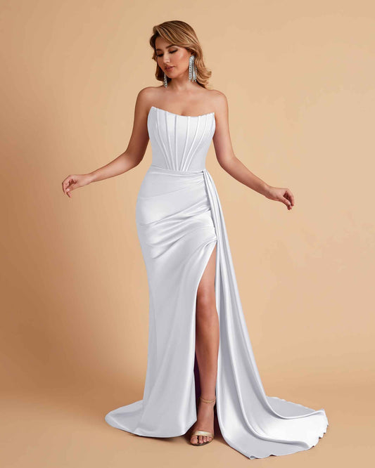 Sexy Satin Sleeveless Pleats Mermaid Bridesmaid Dresses Side Slit Floor Length