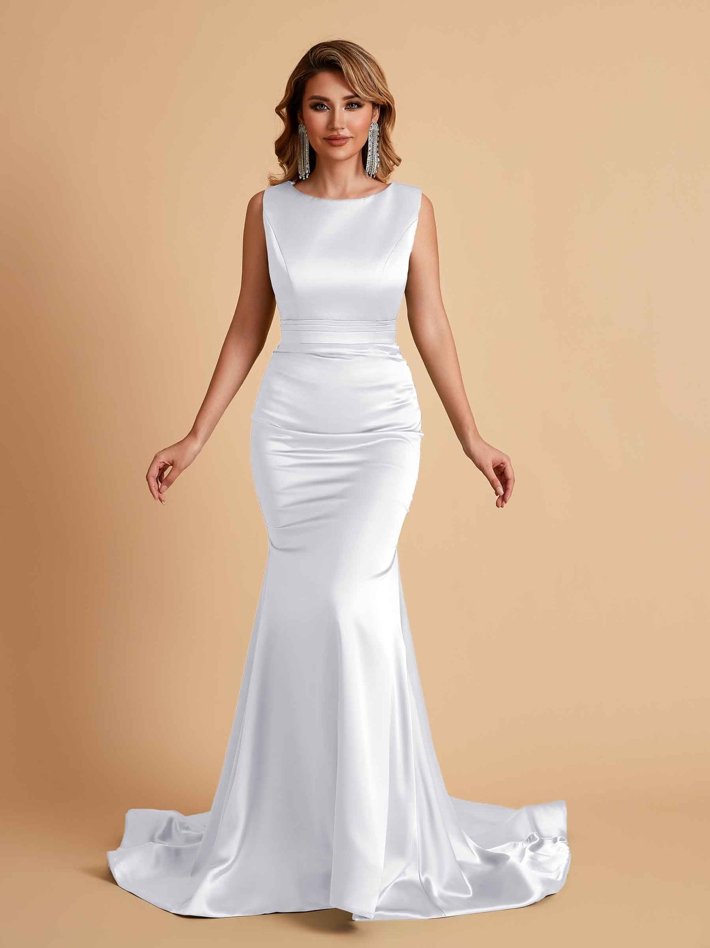 Elegant Satin Sleeveless Pleats Mermaid Bridesmaid Dresses Floor Length