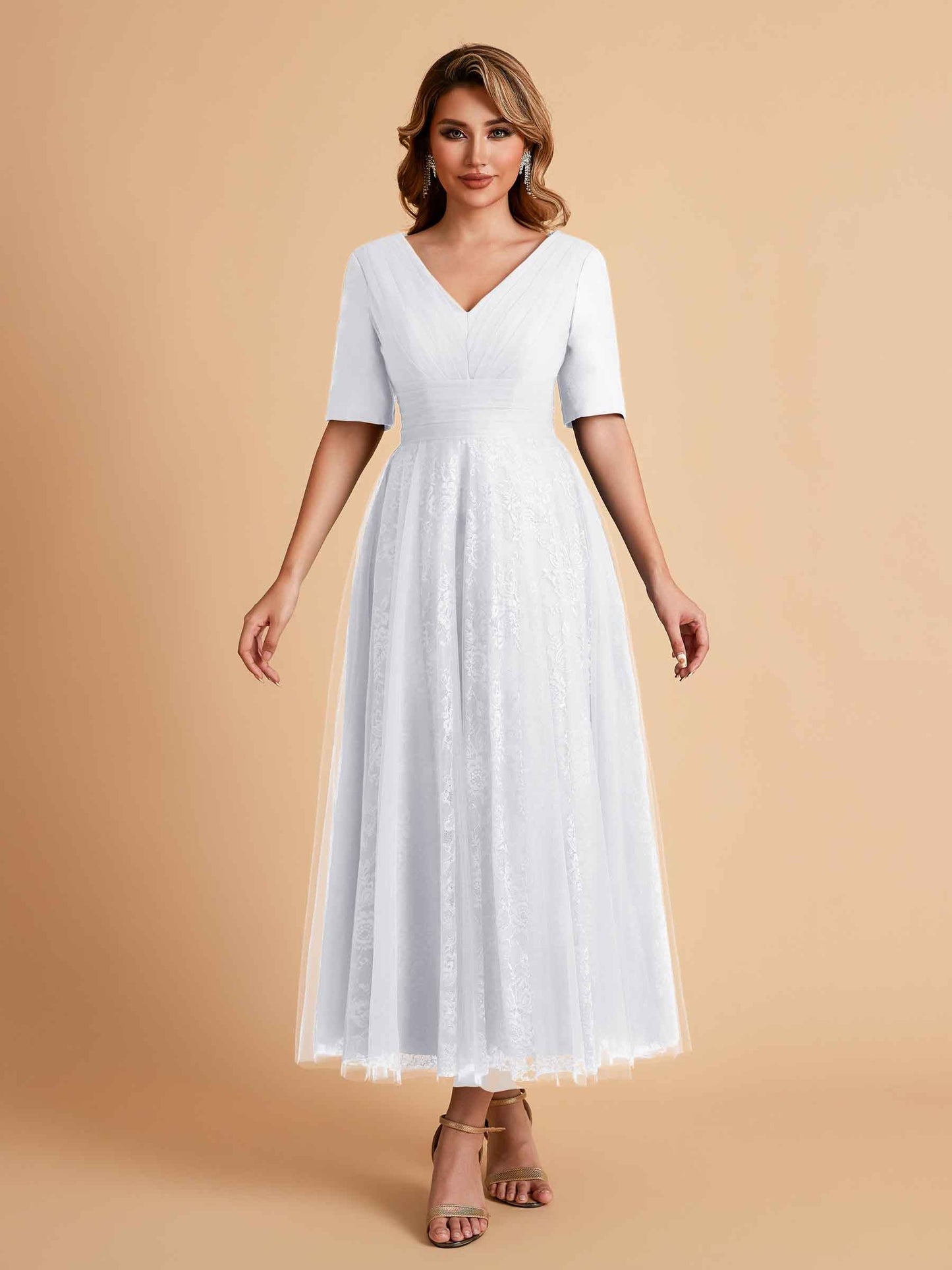 Elegant A-line Half Sleeves V-neck Mother of the Brides Dresses Online