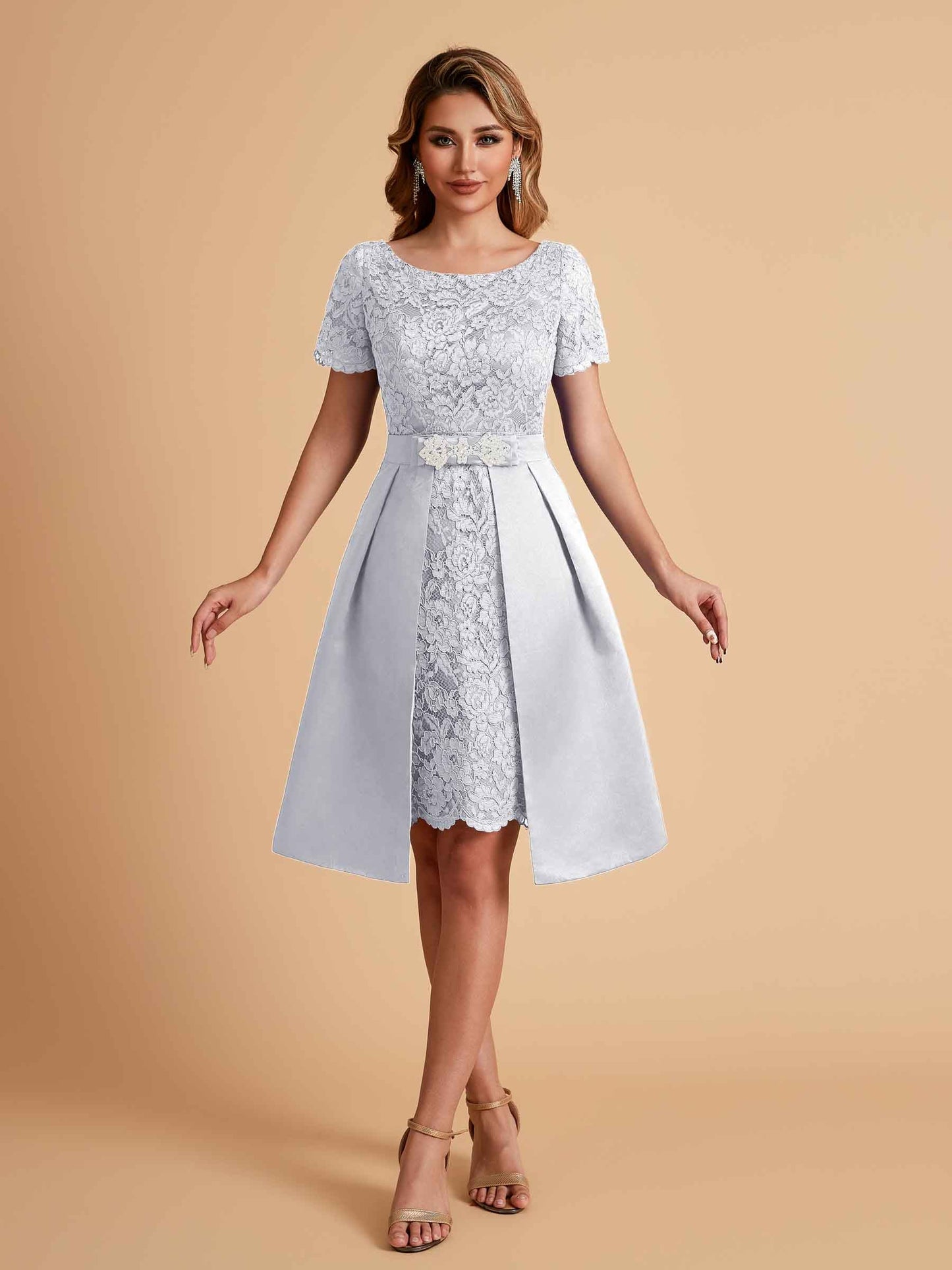 Elegant A-line Short Sleeves Jewel Knee Length Mother of the Brides Dresses