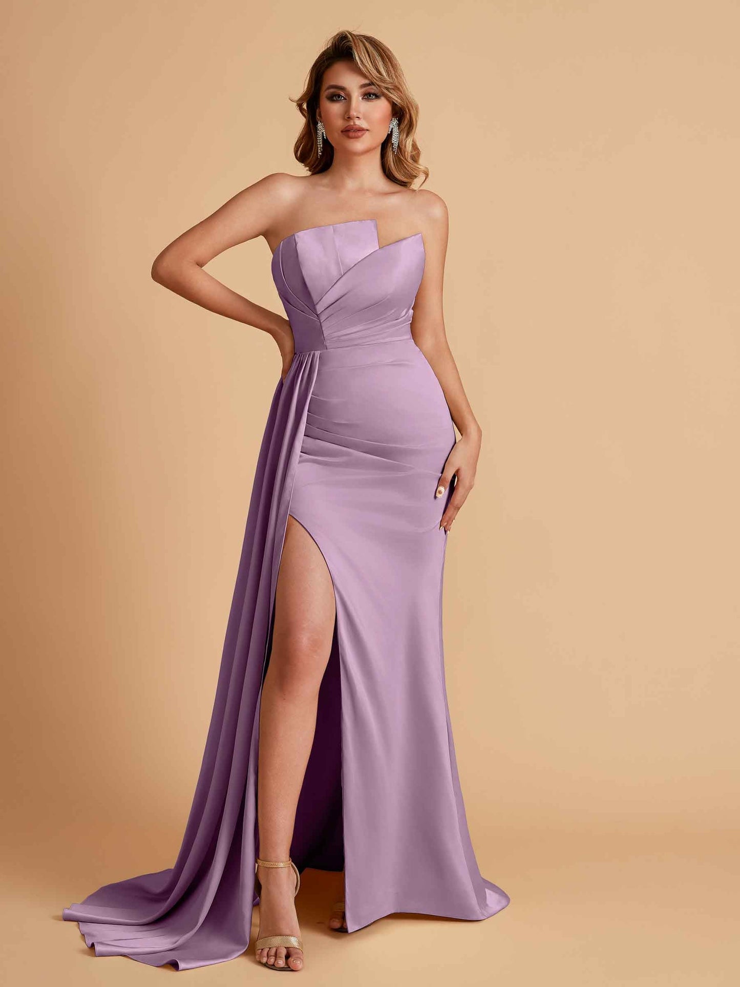 Elegant Satin Sleeveless Asymmetrical Mermaid Side Slit Floor Length Bridesmaid Dresses